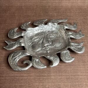 Vintage Don Drumm Aluminum Sun Face Platter, Signed Cast Metal Wall Art, 1977